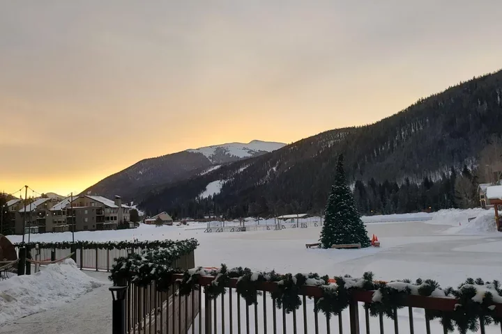 Keystone resort covered in snow on the walk to the conference center.