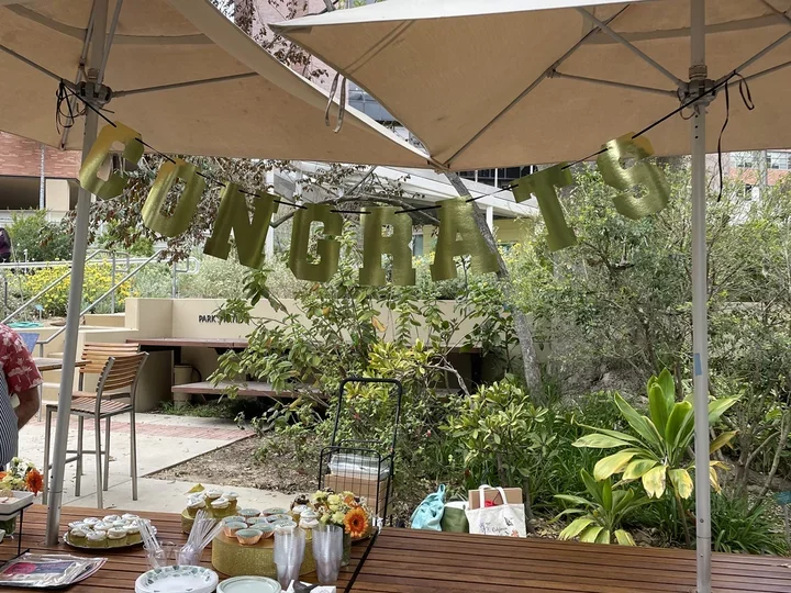 Celebrating Rozeta’s successful dissertation defense in the UCLA Mathias Botanical Gardens.